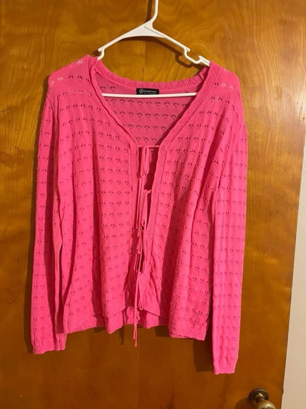 Bright Pink Eyelet Knit Tie-Front Cardigan